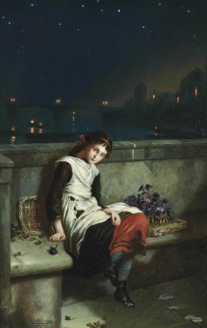 A girl selling purple flowers on a bridge